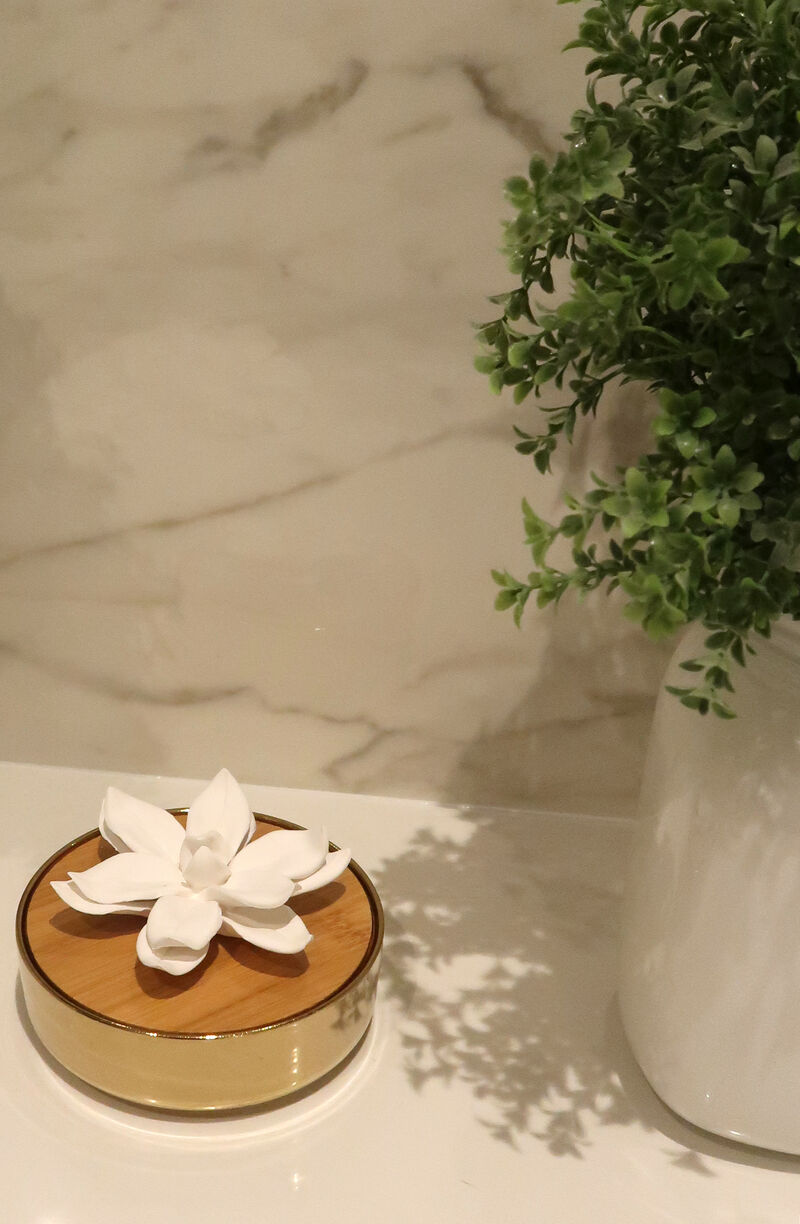 Gold Hemispheric Shaped Diffuser With White Flower, �Lily Of The Valley� Aroma