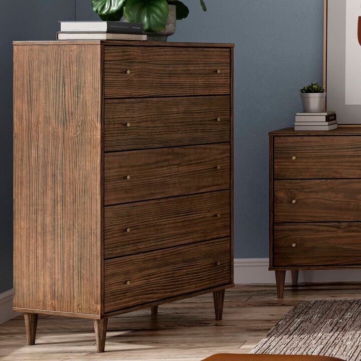 Hivvago Farmhouse Rustic Walnut Mid Century 5 Drawer Chest