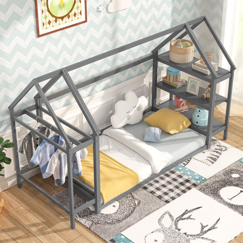 Montessori Floor House Bed with Detachable Storage Shelves