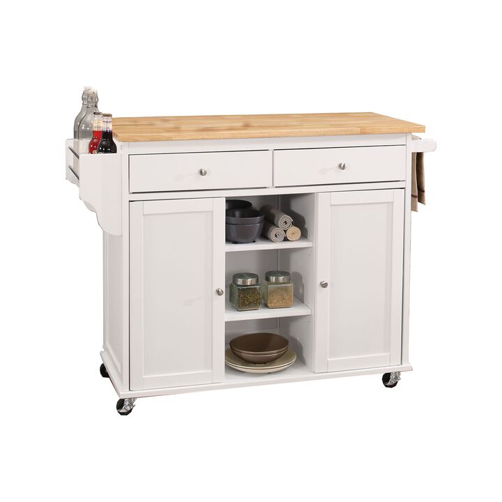 Wood Kitchen Cart, 2 Door Cabinet, Natural Brown, White-Benzara