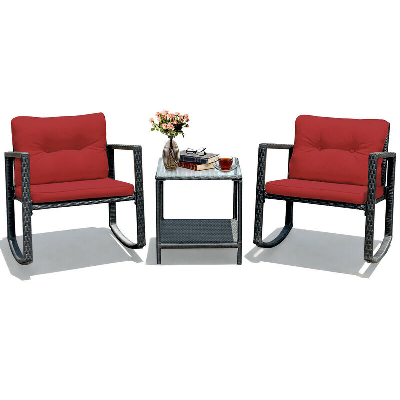 3 Pcs Wicker Rocking Bistro Set with Glass Coffee Table and Storage Shelf