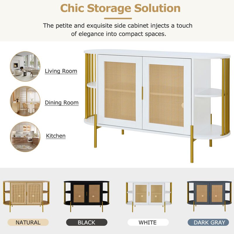 Clihome 2-Door Elegant Curved Dining Cabinet with Gold Trim and Woven Rattan Doors for Dining Room (White)