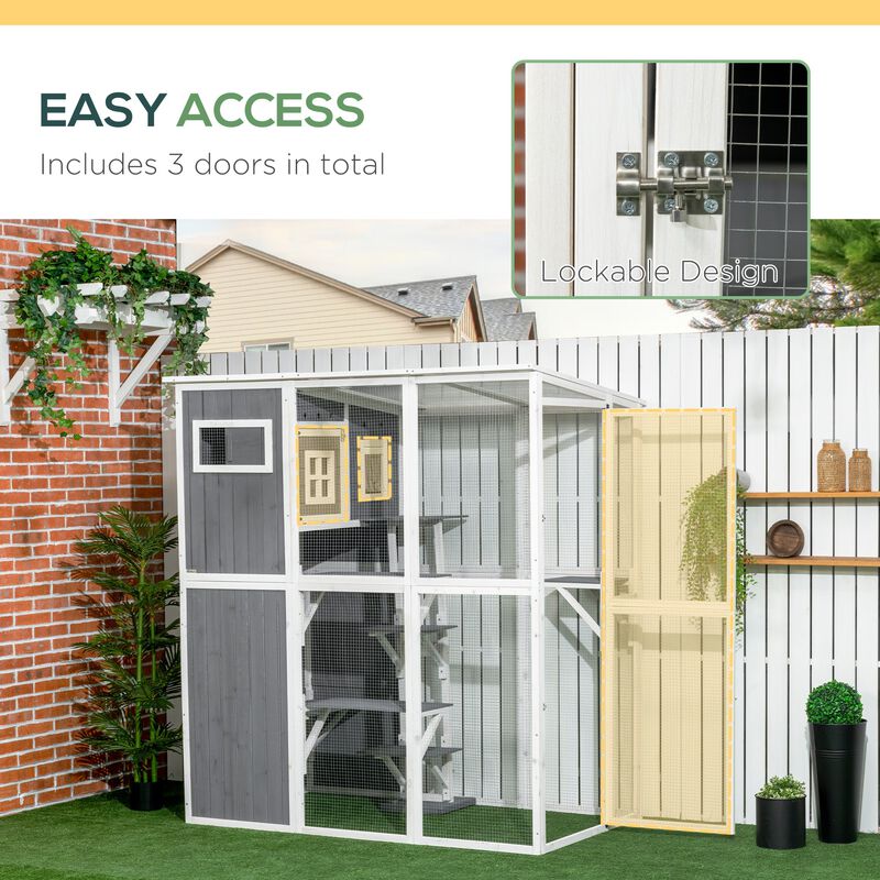 Outdoor Cat Enclosure: Walk-In Wooden Catio with PVC Roof & Platforms