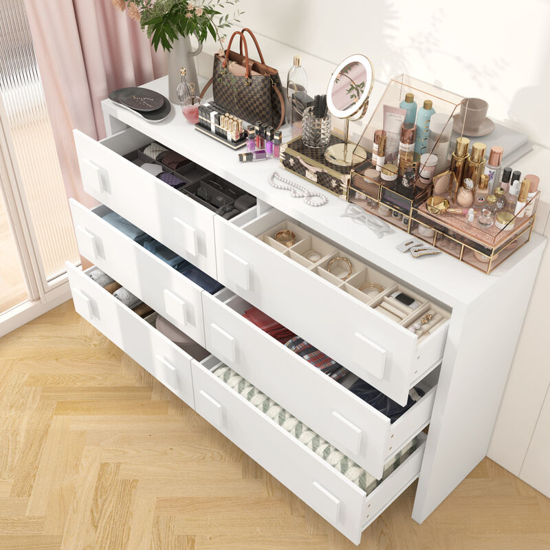 63" Double Dresser with 6 Large Drawers & Square Handles, Chest of Drawers with Slide Rails, Modern Wooden Storage Tower for Bedroom Living Room, White