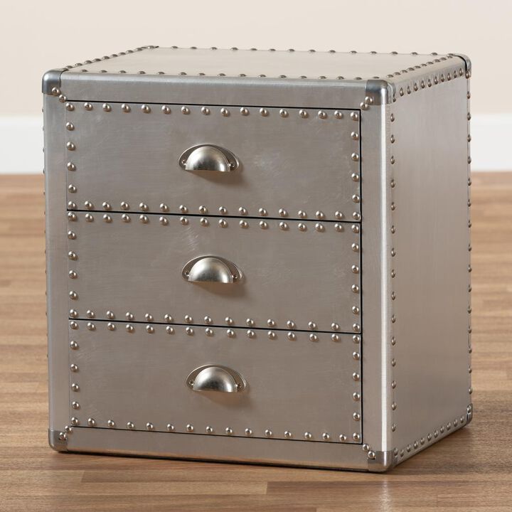 Baxton Studio Armel French Industrial Silver Metal 3-Drawer Nightstand