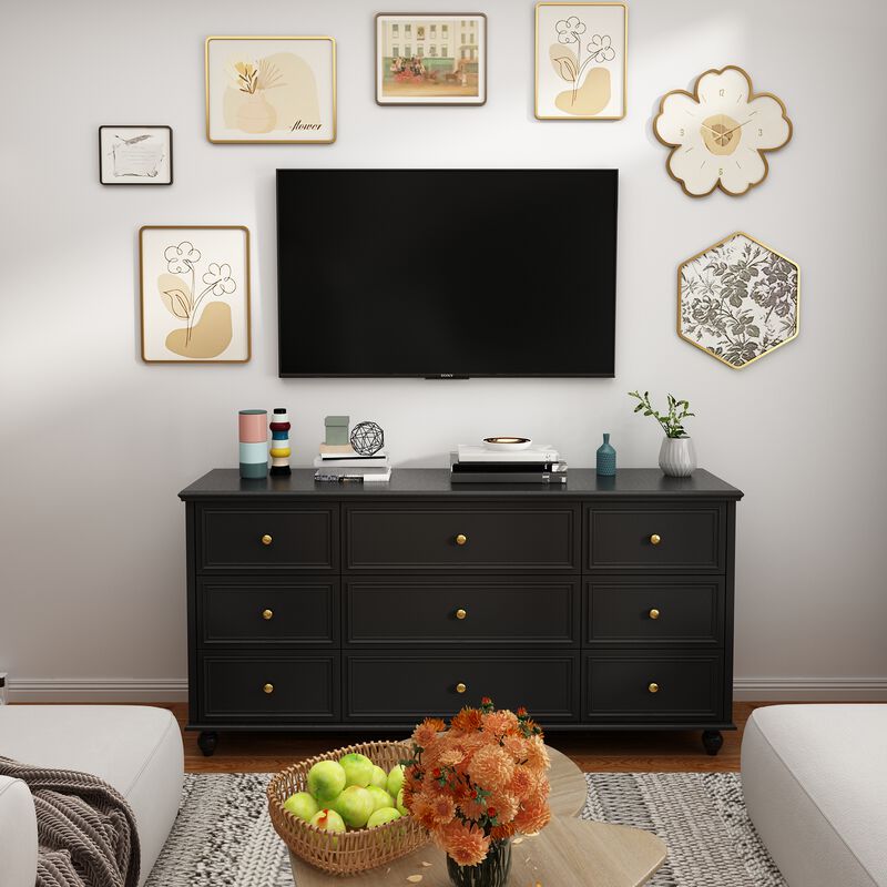 Black Wooden 9-Drawer Chest of Drawers 63 in. W x 31.5 in. H x 15.7 in. D Dresser, Modern European Style