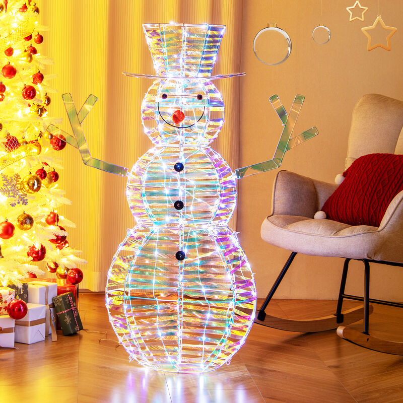 Iridescent Christmas Snowman with White LED Lights and Ground Stakes