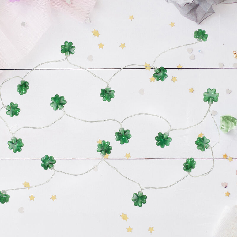 20-Count Green LED Mini St Patrick's Day Shamrock Lights with Timer - 5.5ft Clear Wire