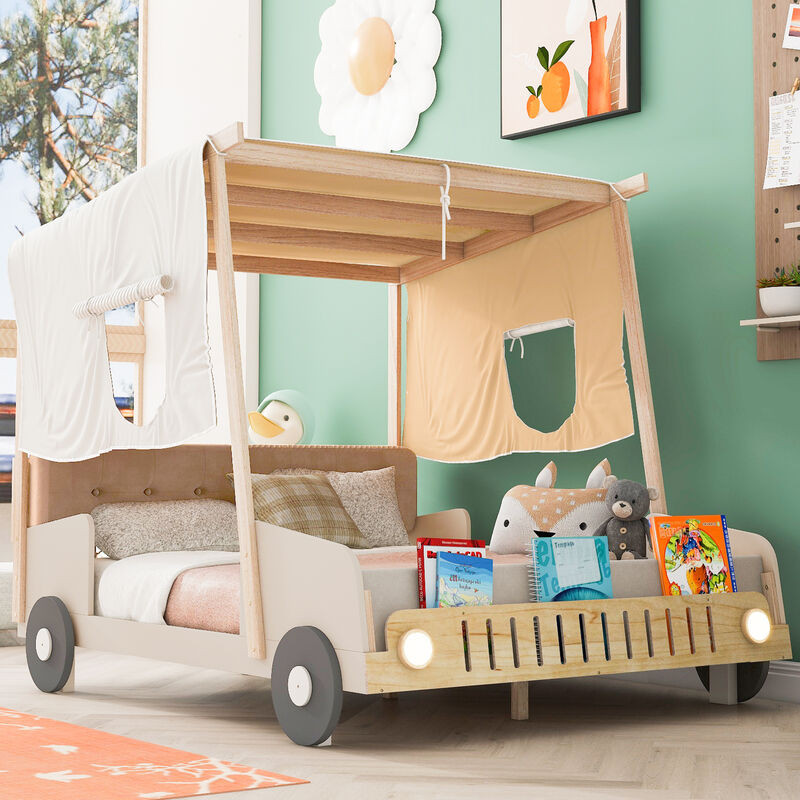 Merax Car Bed with Pillow, Ceiling Cloth and LED