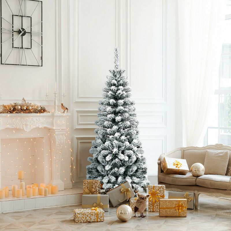 Unlit Hinged Snow Flocked Artificial Pencil Christmas Tree for Elegant and Space-Saving Winter Decor