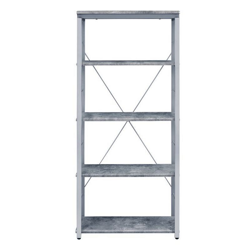 Industrial Bookshelf with 4 Shelves and Open Metal Frame, Silver and Gray-Benzara