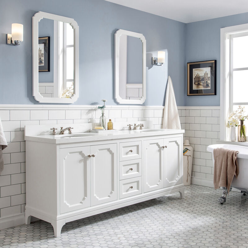 Queen 72 In. Double Sink Sink Carrara Quartz Countertop Bath Vanity in Pure White with Polished Nickel (PVD) Hardware
