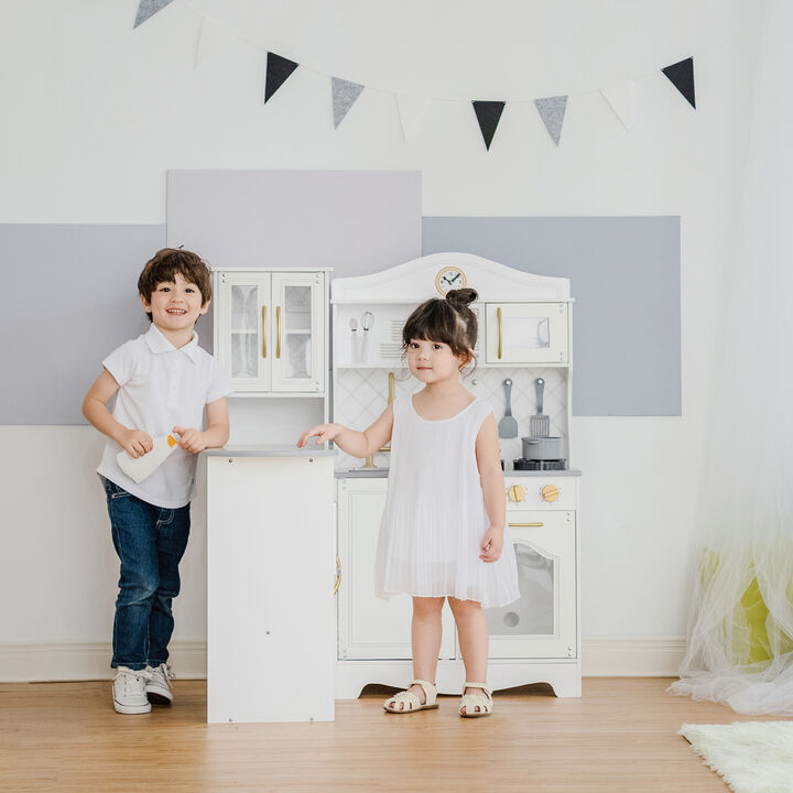  L-shaped retro play kitchen in white with gold accents