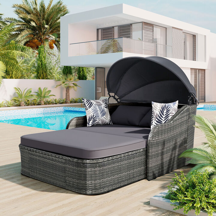 Whisen Outdoor Sunbed with Adjustable Canopy, Double lounge, PE Rattan Daybed