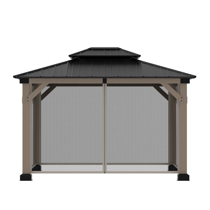 Mondawe Beverly Hills 10 ft. x 12 ft. Outdoor Fir Solid Wood Frame Patio Gazebo Canopy Shelter Galvanized Steel Hardtop Netting