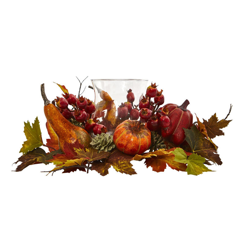 Nearly Natural 16-in Pumpkin, Gourd, Berry and Maple Leaf Artificial Arrangement Candelabrum