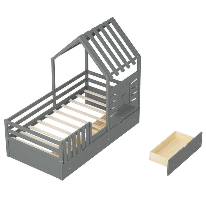 Merax House Platform Bed with 2 Drawers and Guardrails
