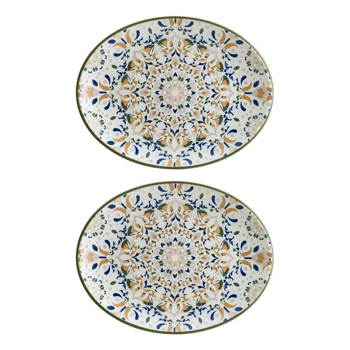 Tenango 12.25" x 9.5" x h:1" Oval Decorated Porcelain Platter (Set of 2)