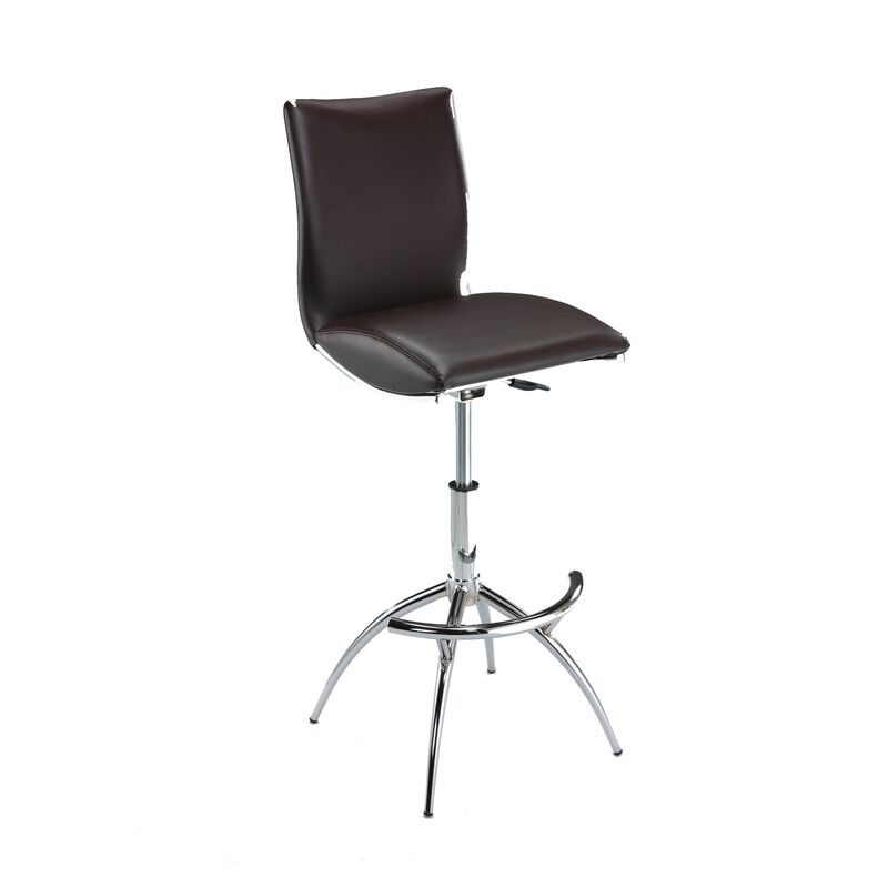 Deko 26-31 Inch Adjustable Height Barstool Chair, Set of 2, Chrome Brown Faux Leather - Benzara