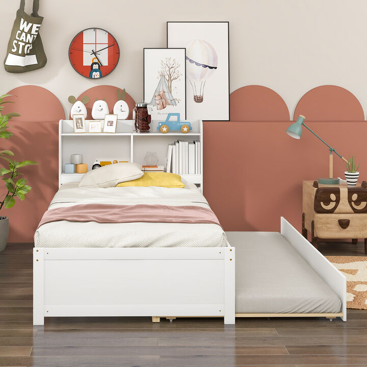 Trundle and Built-in Bookcase Space-Saving Storage Platform for Kids & Teens