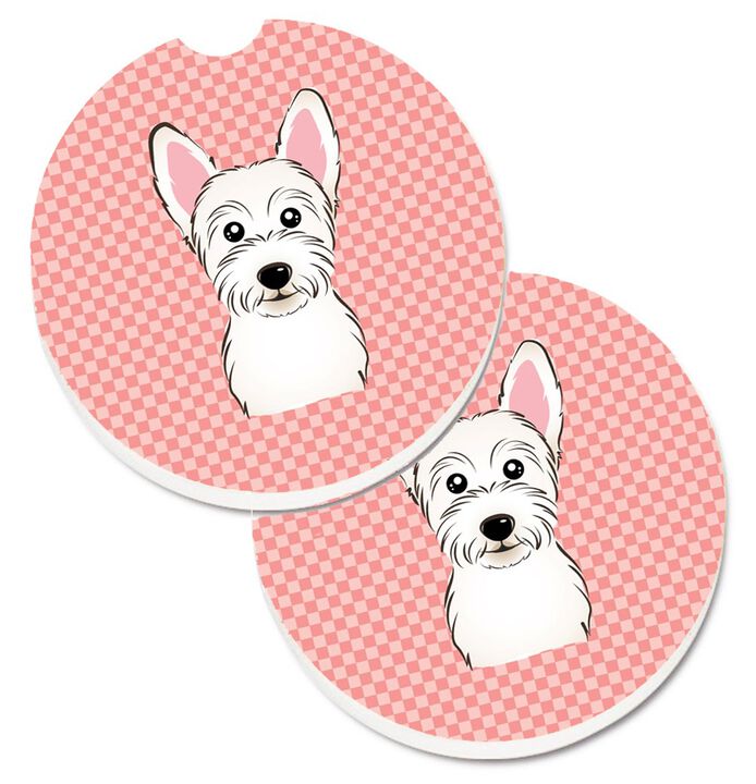 Caroline's Treasures Checkerboard Pink Westie Set of 2 Cup Holder Car Coasters BB1226CARC, 2.56, Multicolor