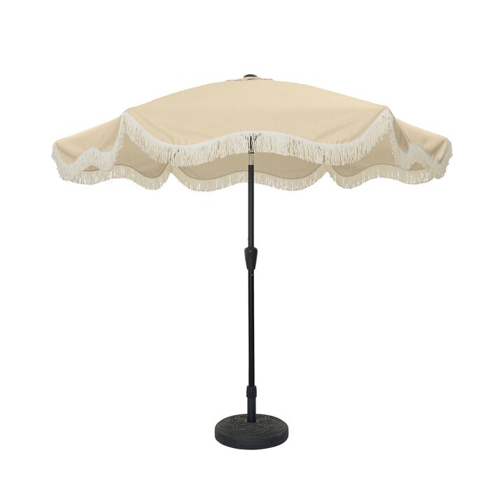 Mondawe 9 ft. Crank Design Tassel Style Fiberglass Rib Outdoor Umbrella with Round Base Included Mondawe 9 ft. Crank Design Tassel Style Fiberglass Rib Outdoor Umbrella with Round Base Included