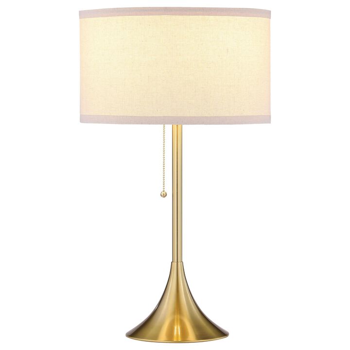 Mikka Table Lamp, Pull-Chain, Gold Flared Pedestal Base, Beige Fabric - Benzara