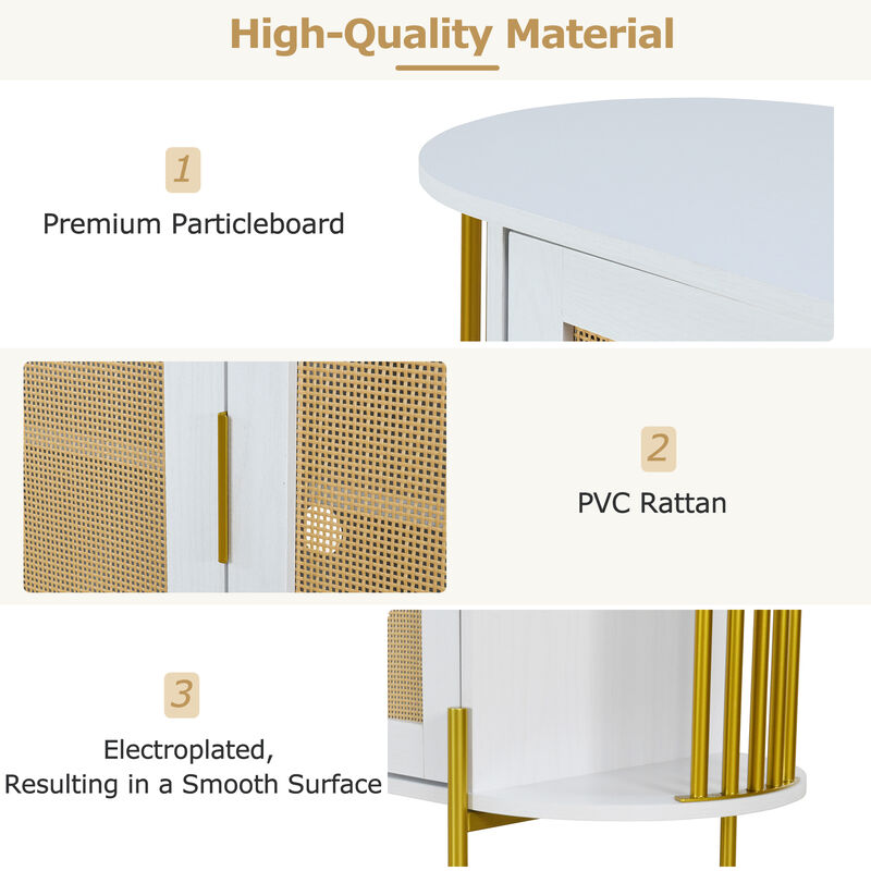 Clihome 2-Door Elegant Curved Dining Cabinet with Gold Trim and Woven Rattan Doors for Dining Room (White)