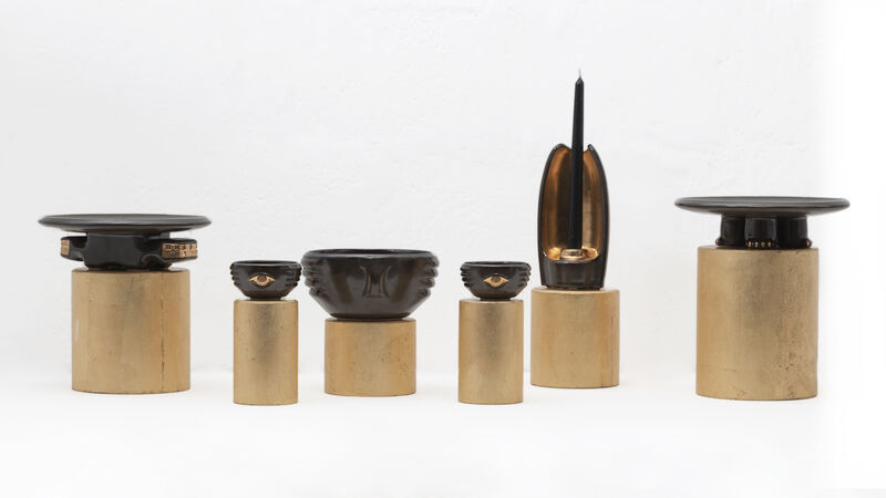 ABSOLUTO Decorative Ceramic Candleholder in Black Glaze with Gold Luster Details, by ANDEAN, In Stock