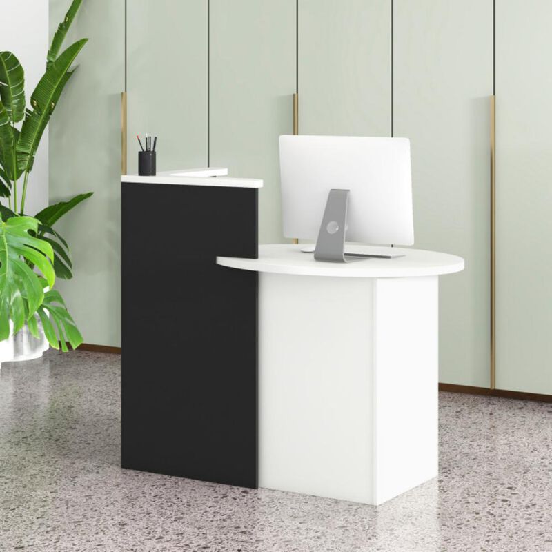 Front Reception Office Desk with Open Shelf and Storage Drawer for Organized Workspace