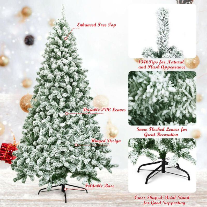 Hivvago 7.5 Feet Snow Flocked Artificial Christmas Tree Hinged with 1346 Tip and Foldable Base