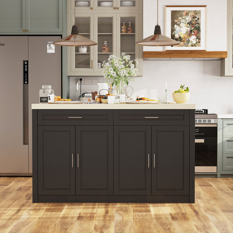 FUFU&GAGA Kitchen Island with Storage & Drawers, MDF Construction with Stone-like Finish (61" W x 37.4" H x 29.1" D)Beige Stone Pattern Top