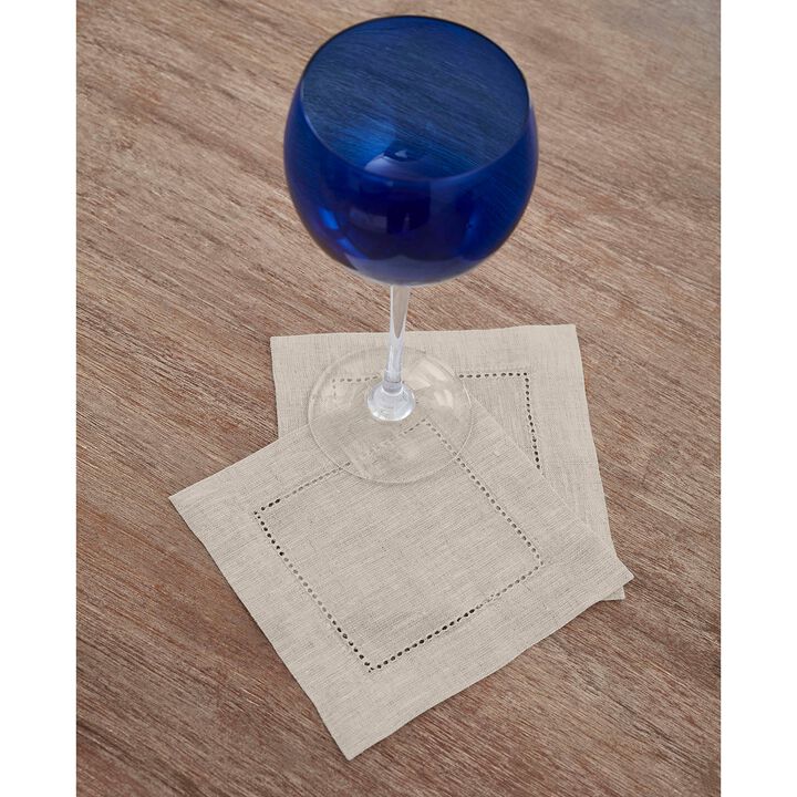 Solino Home 100% Pure Linen Cocktail Napkin 6 x 6 Inch Set of 12 | Classic Hemstitch