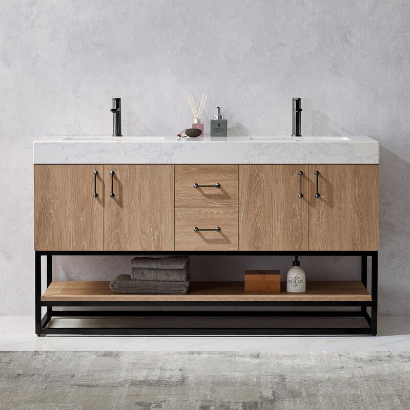 Vinnova Design 60B Double Vanity with White Grain Stone Countertop Without Mirror
