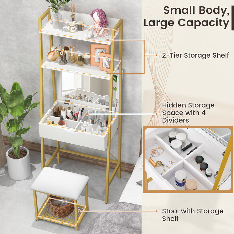 Ladder Vanity Desk Set with Flip Top Mirror and Cushioned Stool