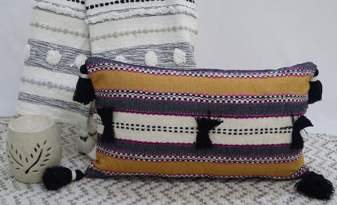 Handwoven 14"X 24" Throw Pillow with Poms