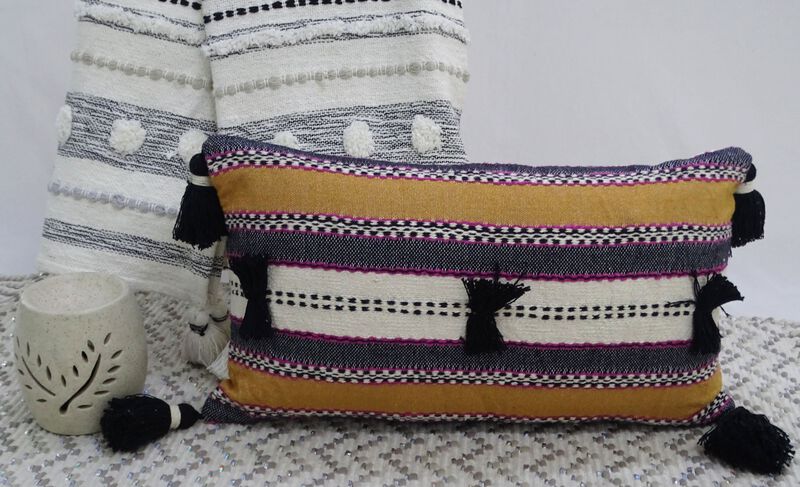 Handwoven 14"X 24" Throw Pillow with Poms