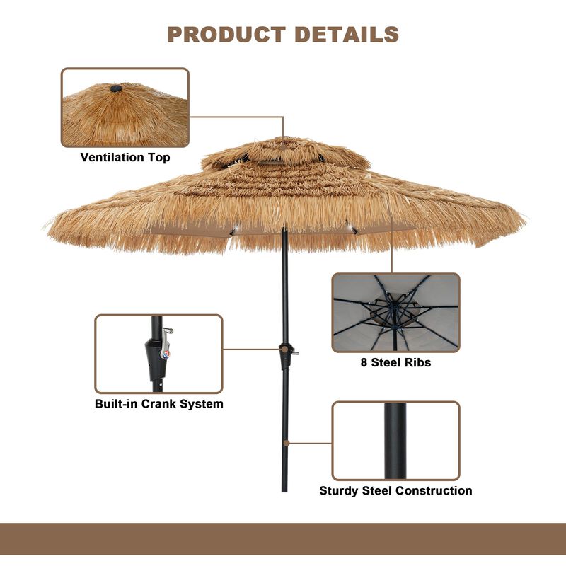 Mondawe 10 ft Hawaiian Style Crank Design 2 Tier Straw Patio Umbrella Shade with Light & Based