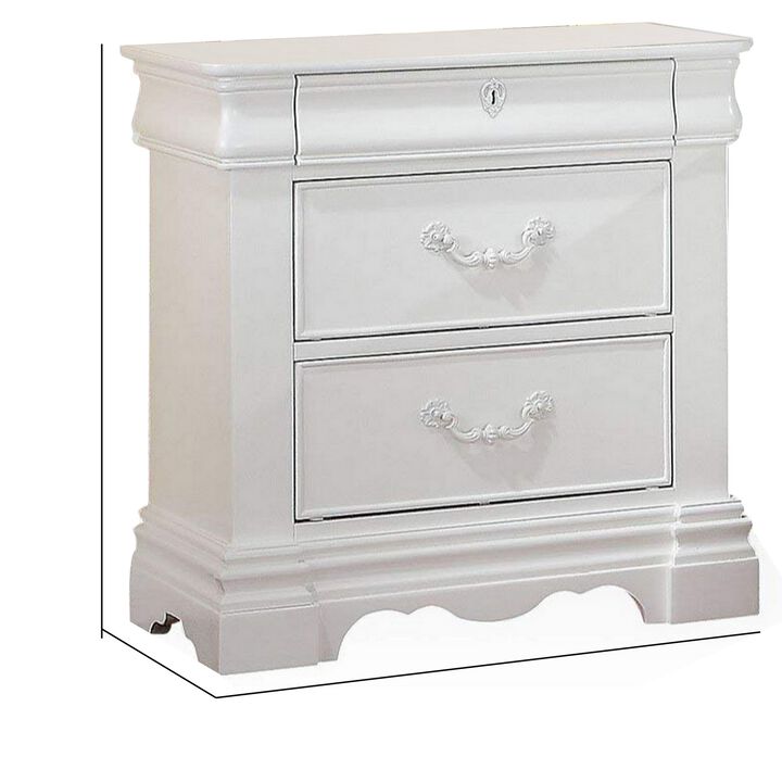 Three Drawer Nightstand With One Hidden Top Drawer And Scalloped Feet, White-Benzara