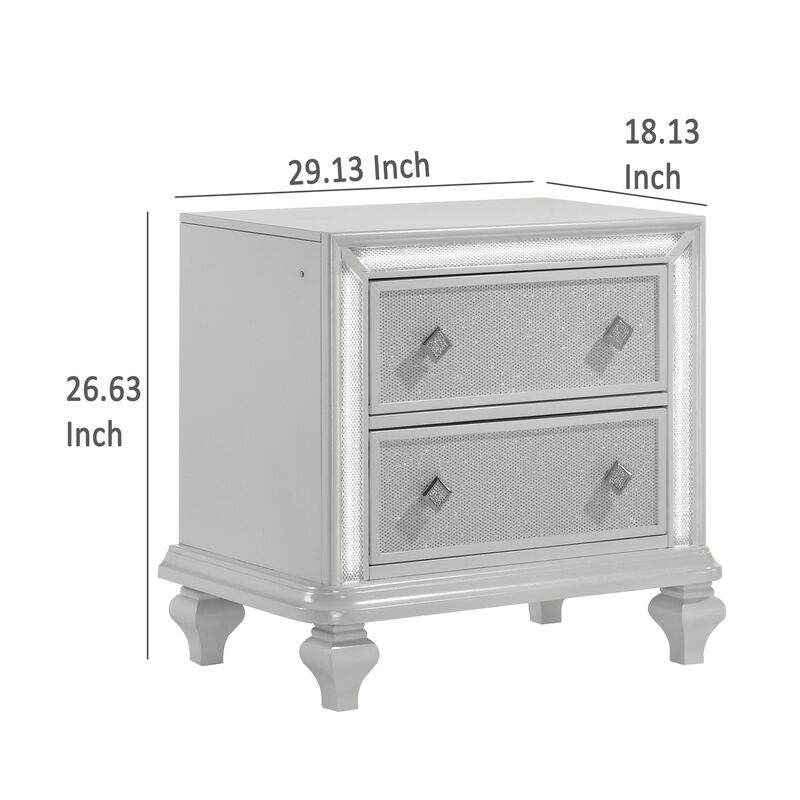 Stacy Nightstand with 2 Drawers and LED Lights, Silver and White Wood - Benzara
