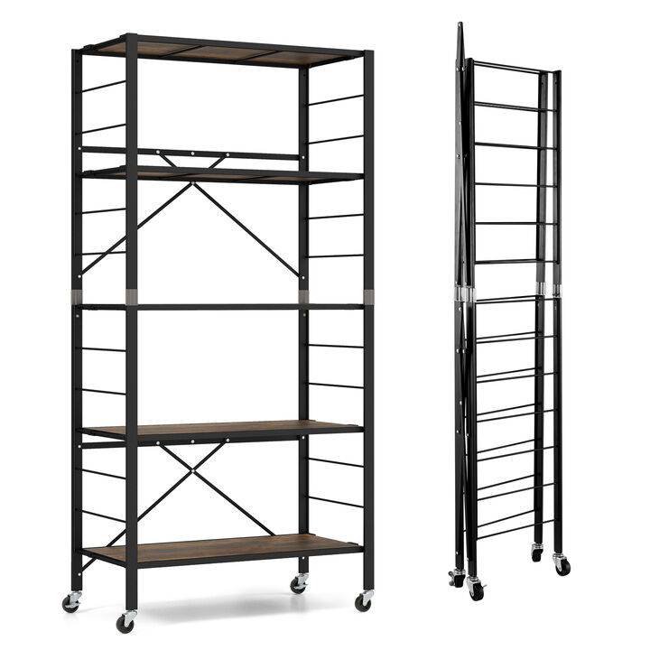 5-Tier Foldable Shelving Unit with Detachable Wheels and Anti-Toppling System-Black 5-Tier Foldable Shelving Unit with Detachable Wheels and Anti-Toppling System-Black