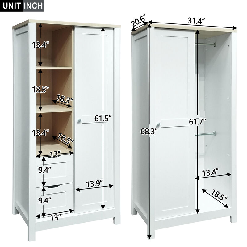 Merax Bedroom Wardrobe with Hanging Rods and 2 Drawers