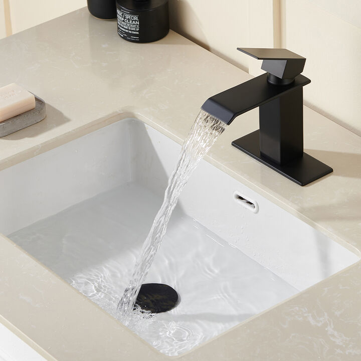 Mondawe Waterfall Spout Bathroom Sink Faucet, Single Handle 1/3 Hole Deck Mount Basin Hot & Cold Water Tap for Bathroom Lavatory