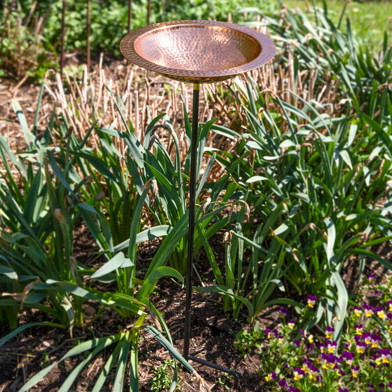 Sunnydaze Copper Hand-Hammered Standing Bird Bath or Bird Feeder with Stake