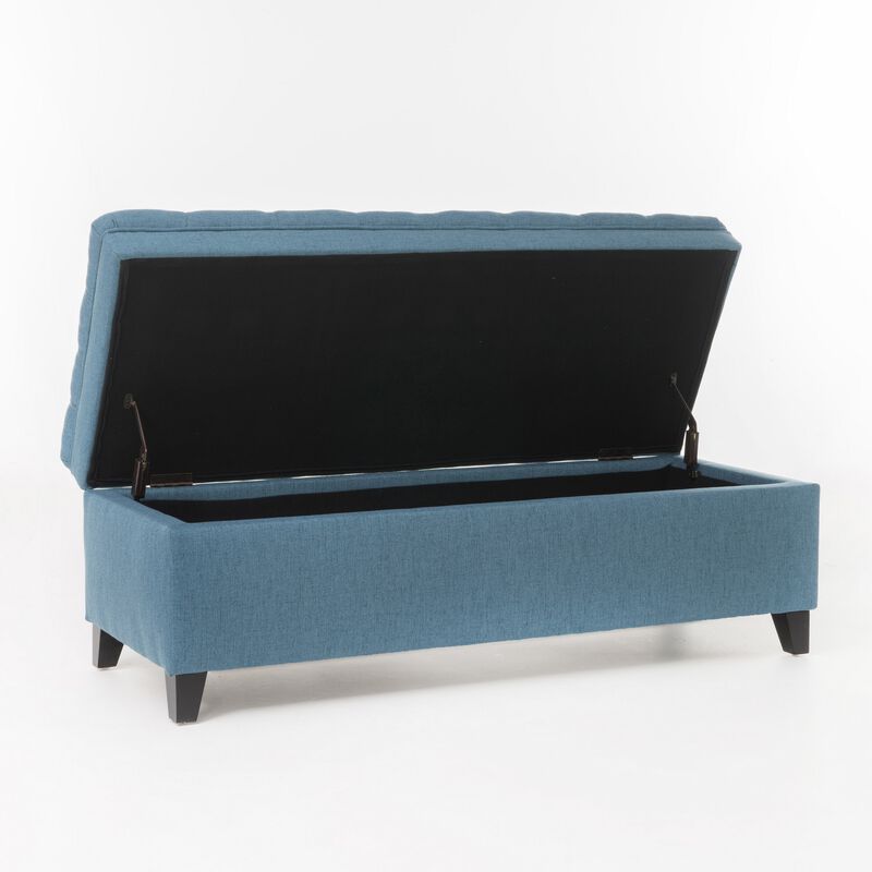Rhya Storage Ottoman Bench, Soft Blue Fabric, Black Wood, 50 Inch - Benzara