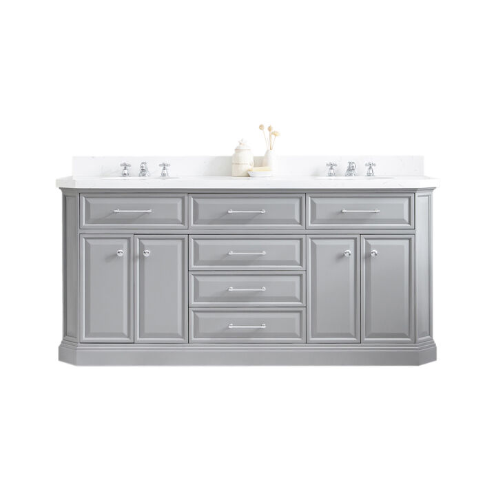 Palace 72 In. Double Sink Carrara Quartz Countertop Bath Vanity in Cashmere Grey with Chrome Hardware