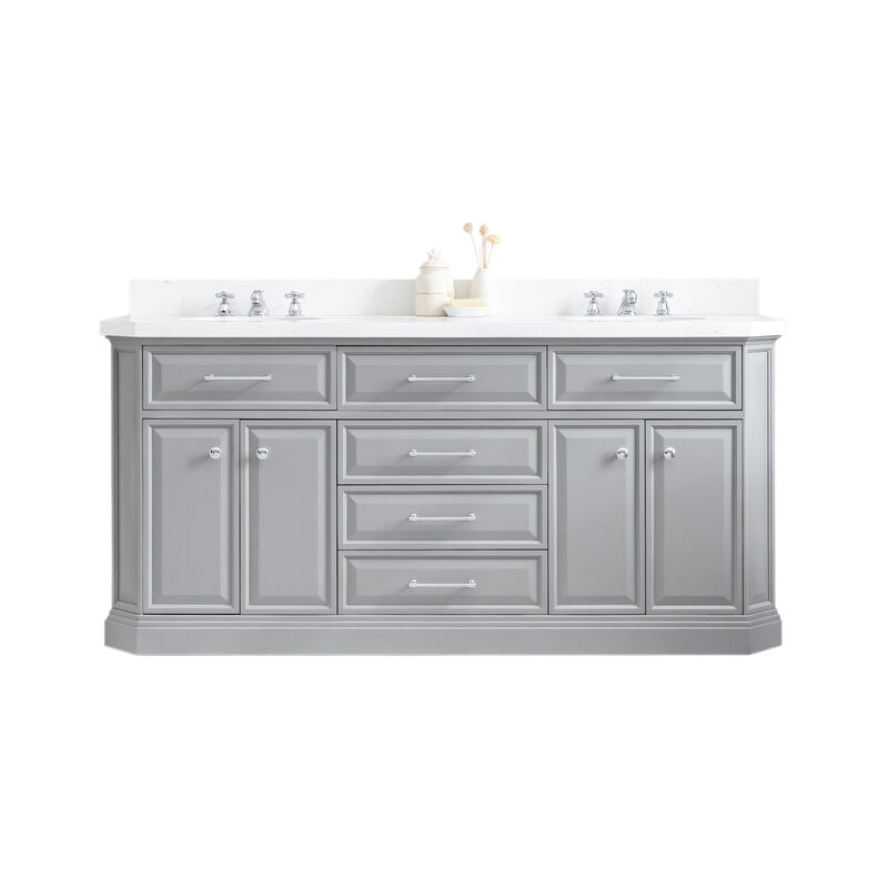 Palace 72 In. Double Sink Carrara Quartz Countertop Bath Vanity in Cashmere Grey with Chrome Hardware