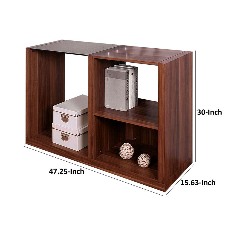 Bere 47 Inch Sofa Table with Black Glass Top, Open Shelves, Brown Wood - Benzara