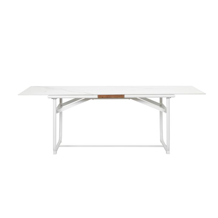 Shia 87 Inch Dining Table, Ceramic Surface, Crisp White Aluminum Frame - Benzara