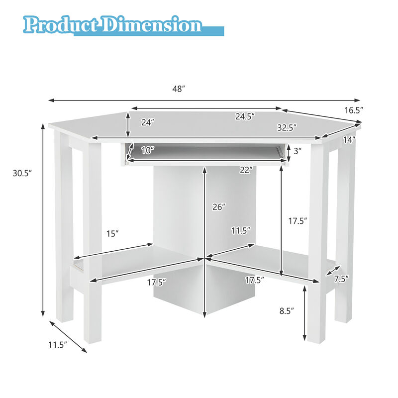 Costway Wooden Corner Desk With Drawer Computer PC Table Study Office Room White